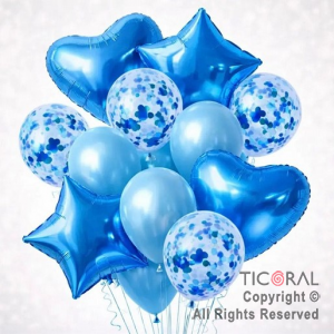 SET DE GLOBOS METALIZADOS ESTRELLA CORAZON CONFETI Y LATEX AZUL x 14 UNIDADES